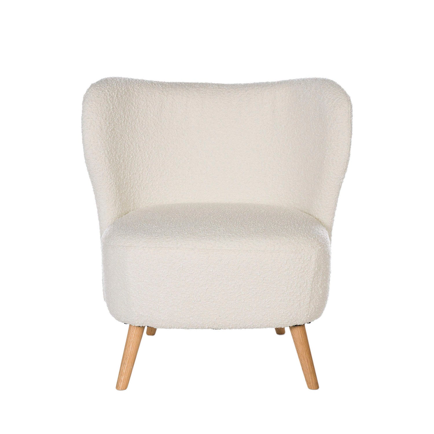 Sillón tapizado en color blanco con patas de madera.